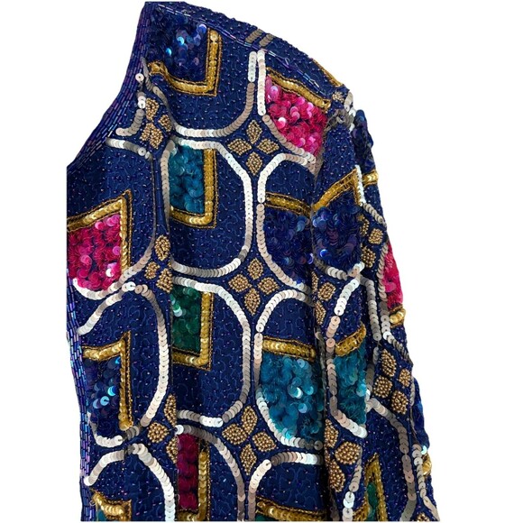 VTG i magnin 100% Silk Sequined Jewel Tone Dress Coat by Judith Ann Creations L - Picture 5 of 16